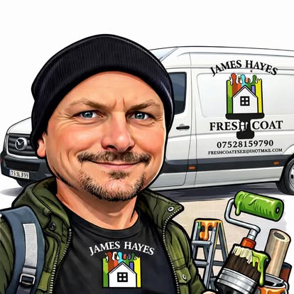 Cartoon of James Hayes in front of the Fresh Coat van