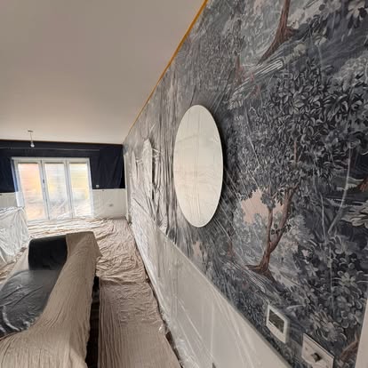 Mural wallpaper feature wall with round mirror