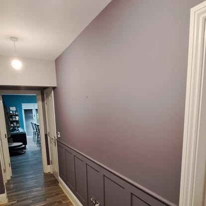 Hallway with plum panelling and white door