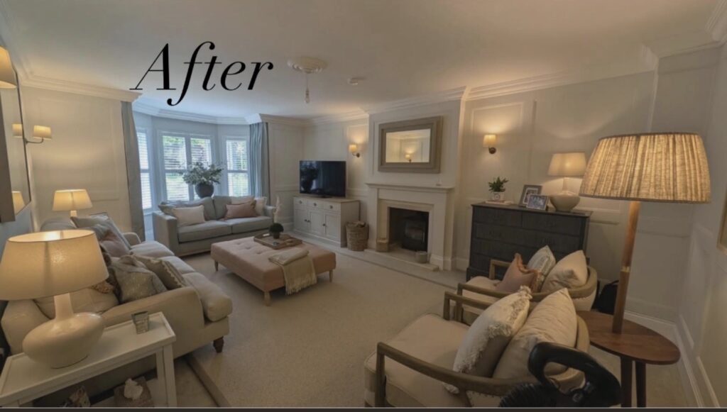 The same living room after decorating, with painted panelling and warm neutral walls