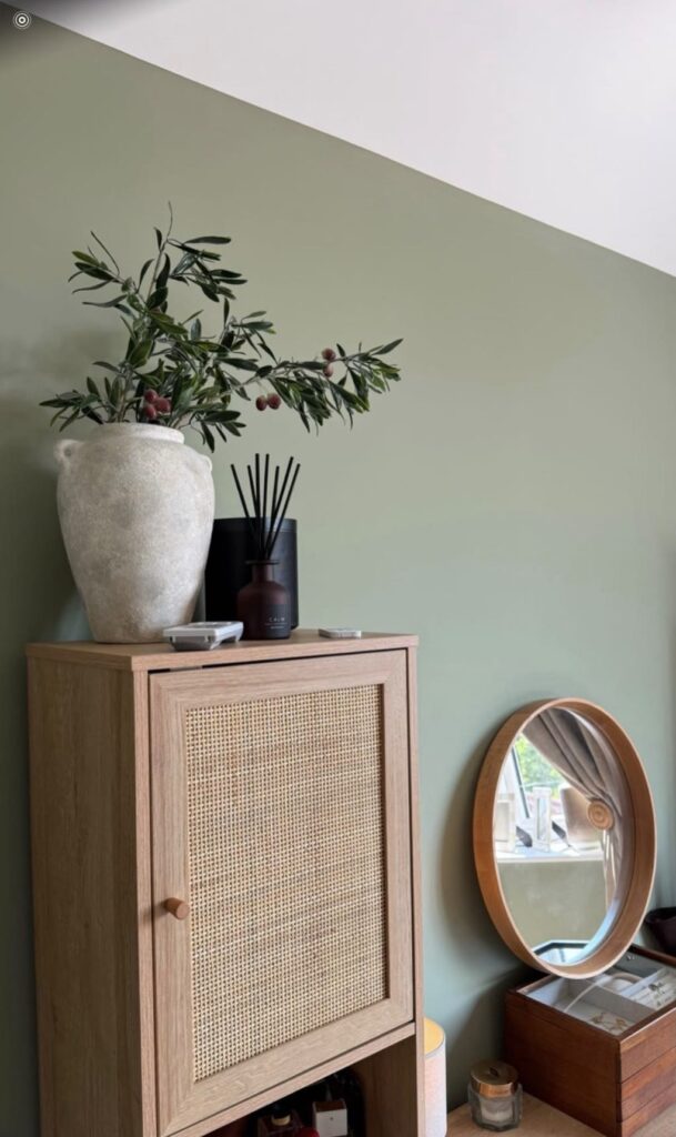 Sage green wall with rattan cabinet and round mirror