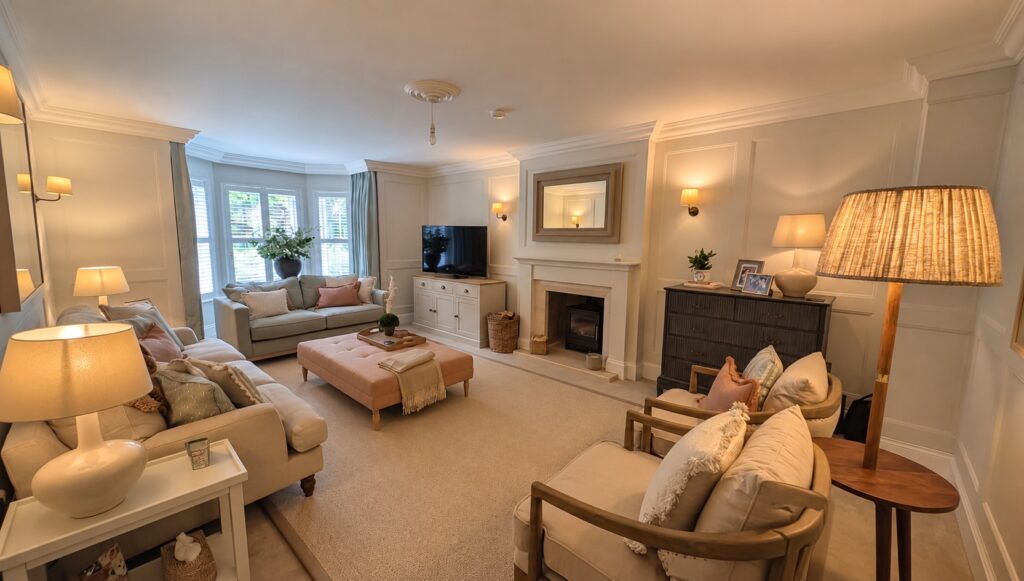 Traditional living room with painted wall panelling, cornice and warm neutral walls
